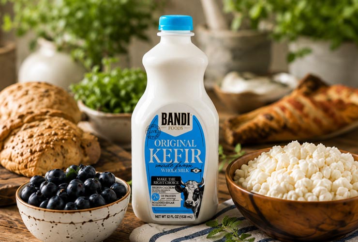 Bandi Foods Original Whole Milk Kefir with fresh blueberries, farmer's cheese, and artisan bread on a rustic wooden breakfast table.