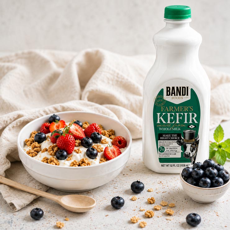Bandi Foods Original Whole Milk Kefir with fresh blueberries, farmer's cheese, and artisan bread on a rustic wooden table.