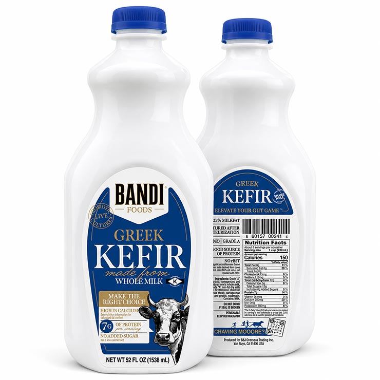 Bottle of creamy Bandi Greek Kefir made from whole milk