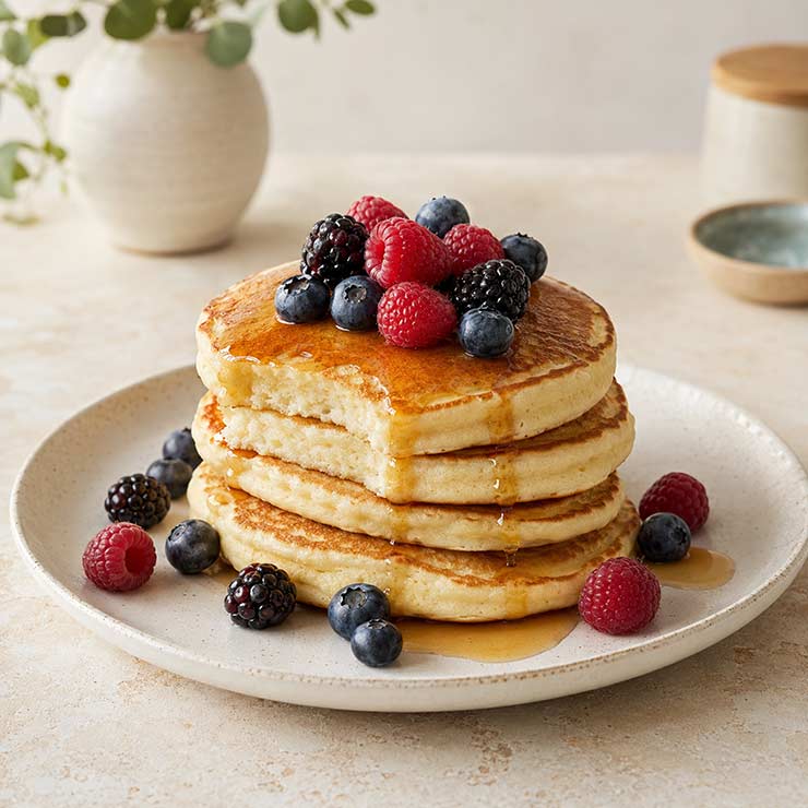 Stack of fluffy kefir pancakes topped with berries and maple syrup