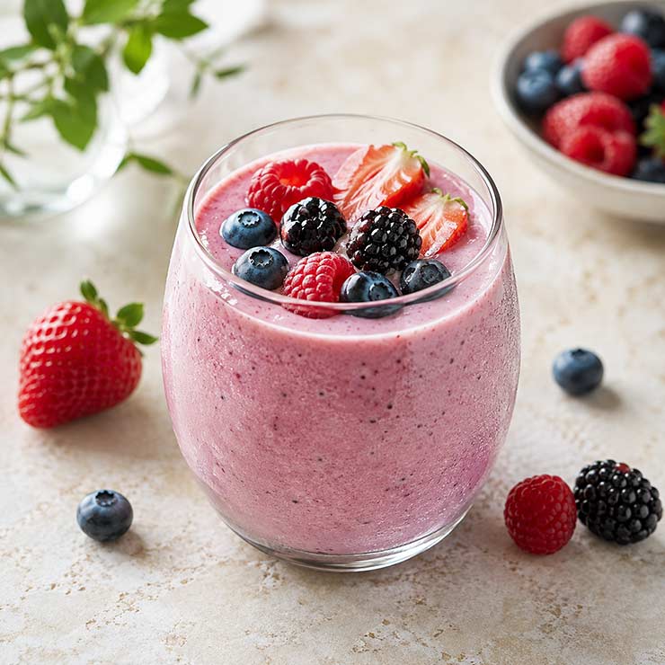 Mixed Berry Kefir Smoothie made with Bandi Kefir and topped with fresh berries