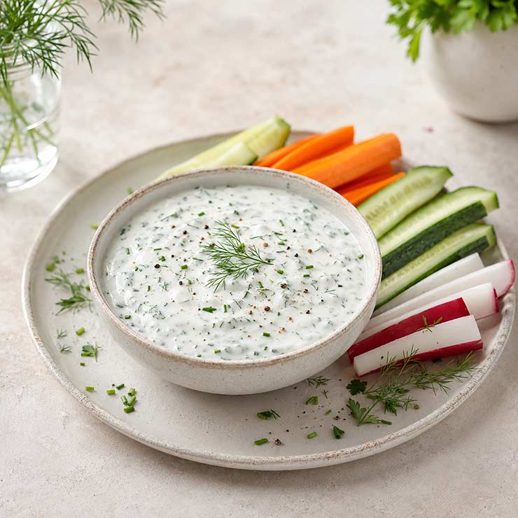 Creamy Kefir Ranch Dressing with fresh herbs and sliced vegetables