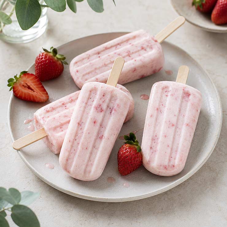 Homemade Strawberry Kefir Popsicles with fresh strawberry pieces